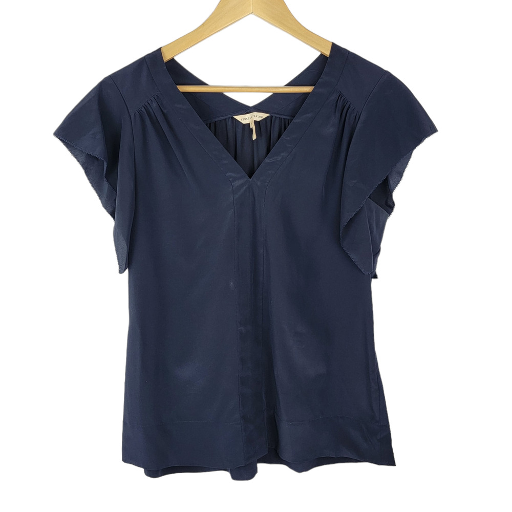 Rebecca Taylor Ruffle Flutter Sleeve Silk Navy Blue Top 8